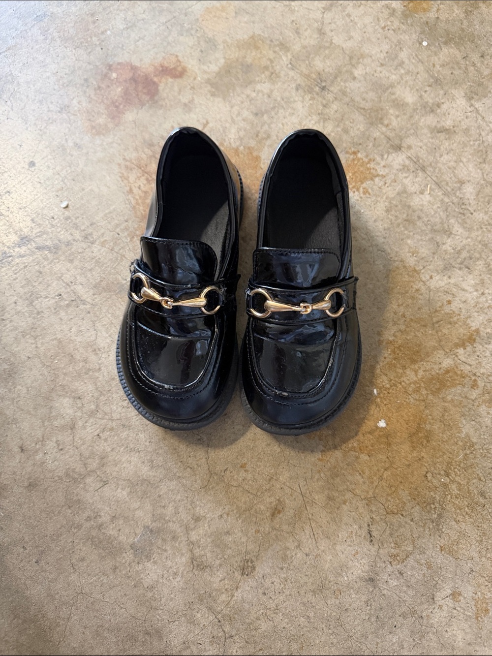 Kids Black Patent Loafers with Gold Bit Accent